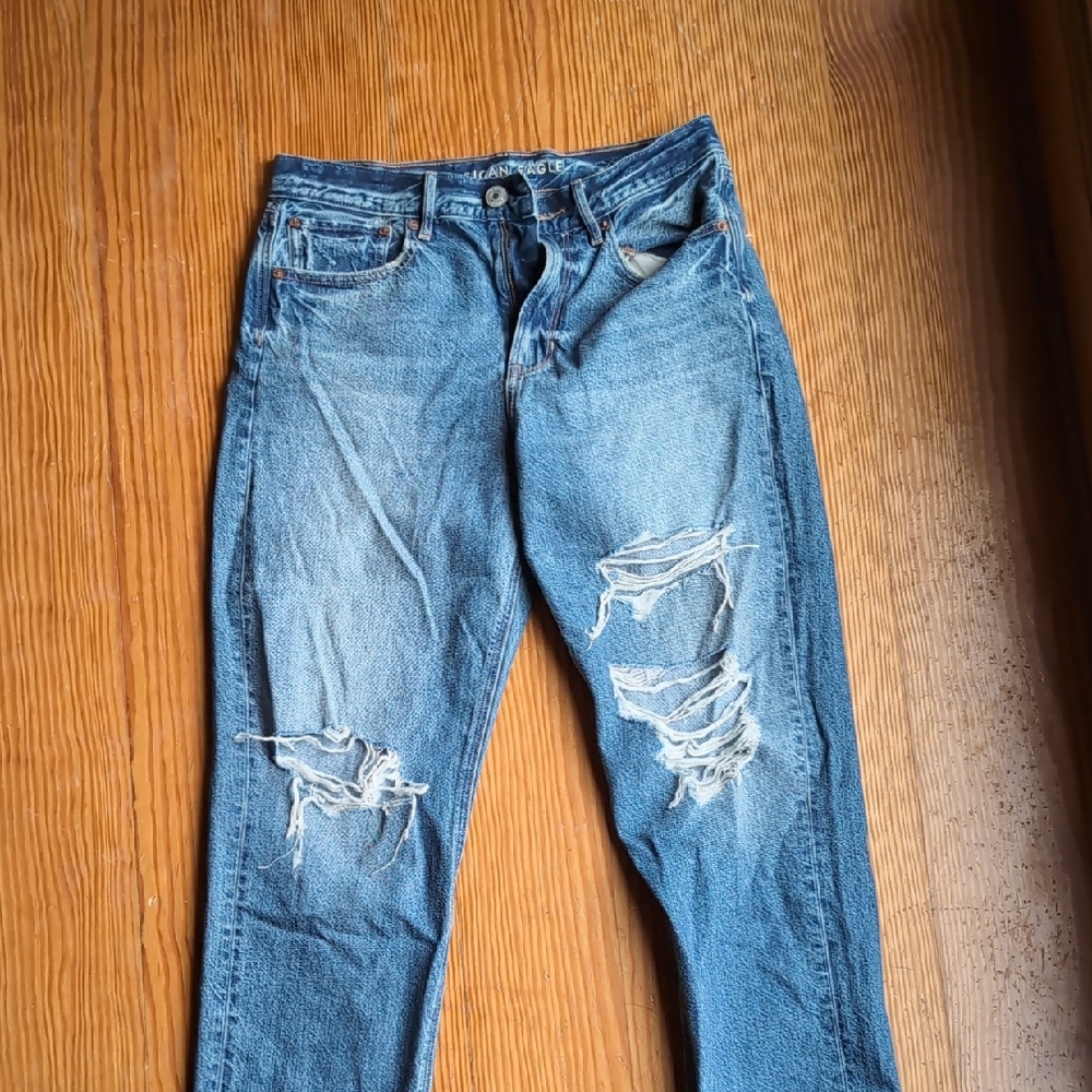 American Eagle Outfitters Blue Boyfriend Jeans with Distressed Details
